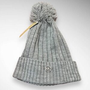 MICHAEL KORS Gray‎ Ribbed Knit Beanie With Pom Pom | NWT
